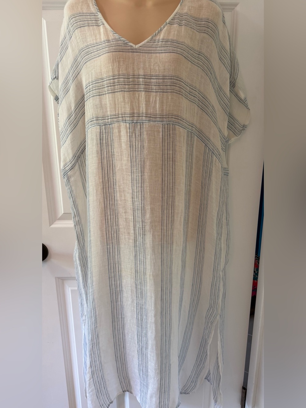 Eileen Fisher Cream Maxi Dress with Blue Stripes